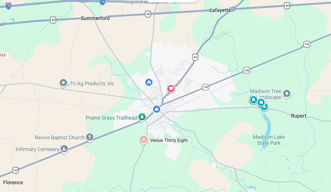 Map showing Venue 38 location near London, Ohio